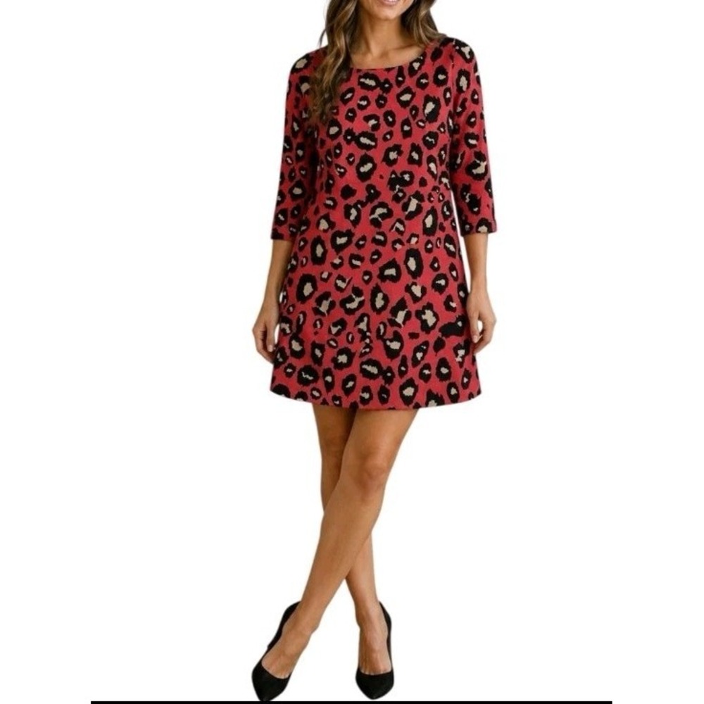 Uncle Frank Womens Size Medium Shift Dress Leopard Print 3/4 Sleeve Red Blk Br.